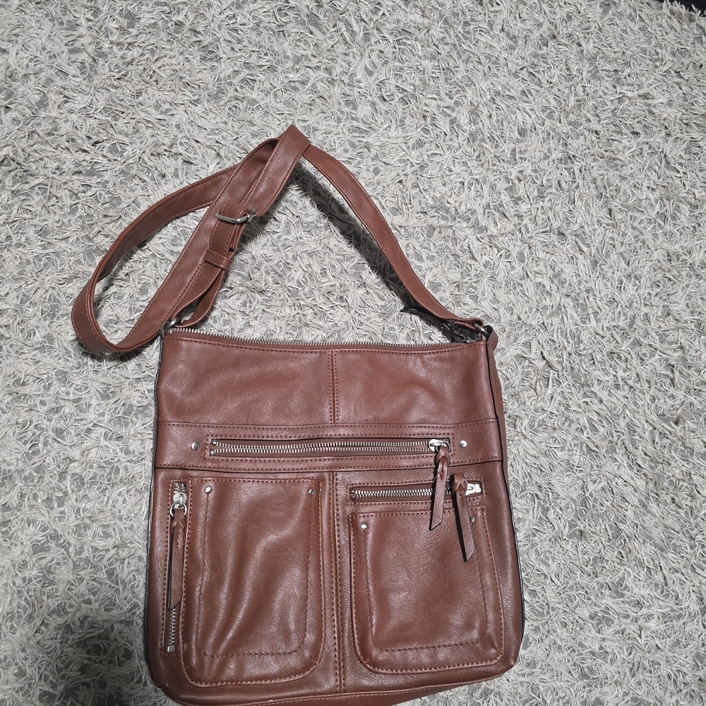 INC International Concepts Brown Faux Leather Crossbody Bag Multi Pocket